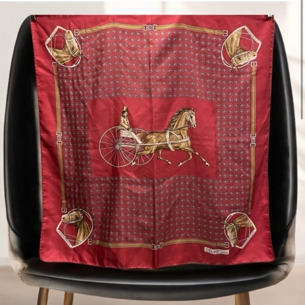 Celine Red And GOLD Equestrian Silk Scarf IN GREAT CONDITION 100% silk- rare - Picture 2 of 3